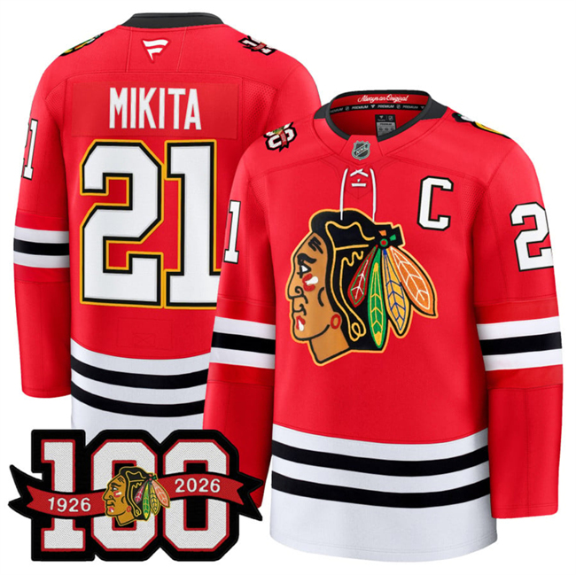 Men's Chicago Blackhawks #21 Stan Mikita Red 2025 Home 100th Anniversary Stitched Hockey Jersey